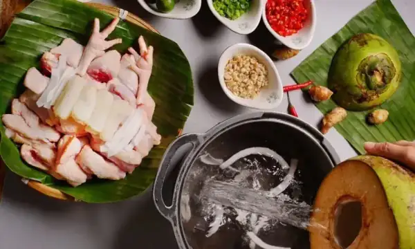 Coconut chicken hotpot tender chicken in coconut water broth signature Shenzhen dish
