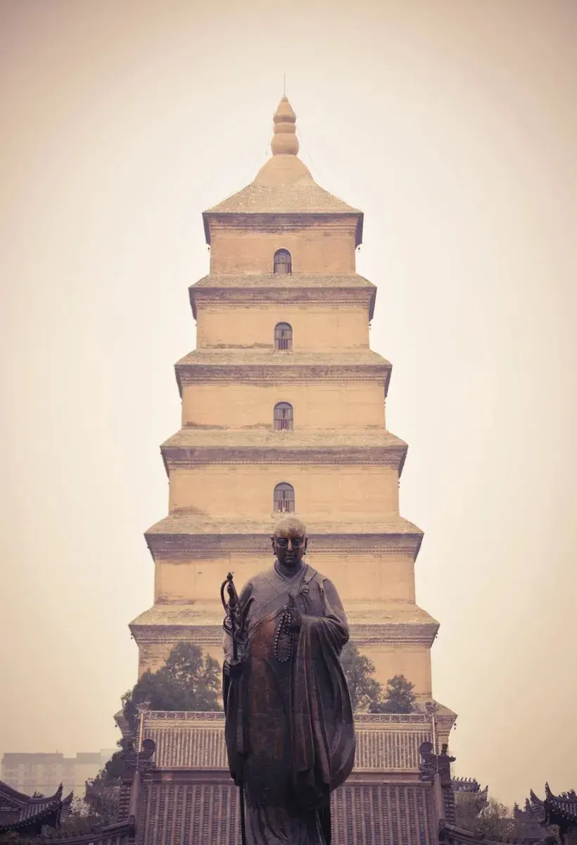 Big Wild Goose Pagoda with Xuanzang statue in foreground Xi'an